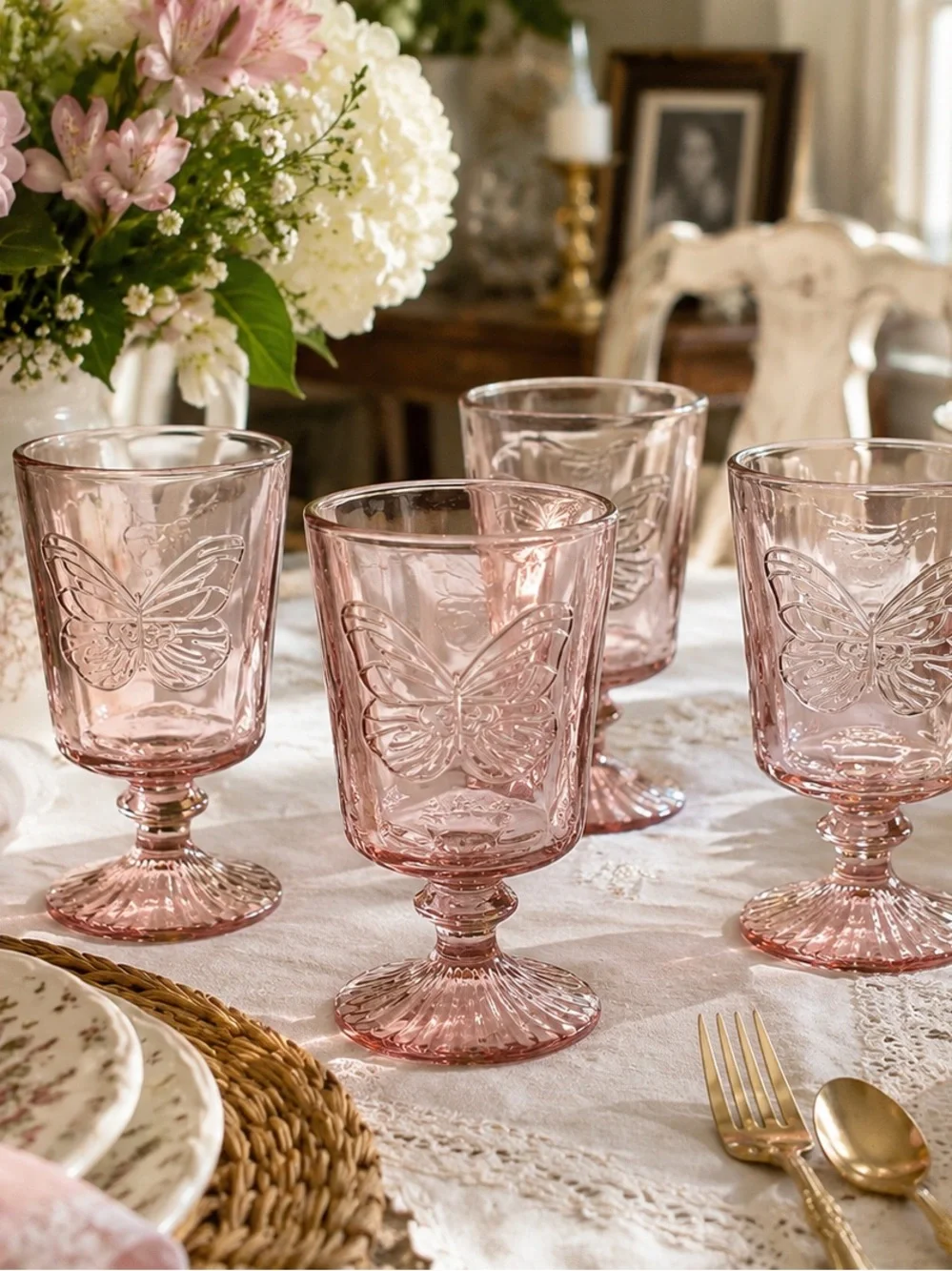 Pink Embossed Butterfly Goblet - Home Dining Drinkware